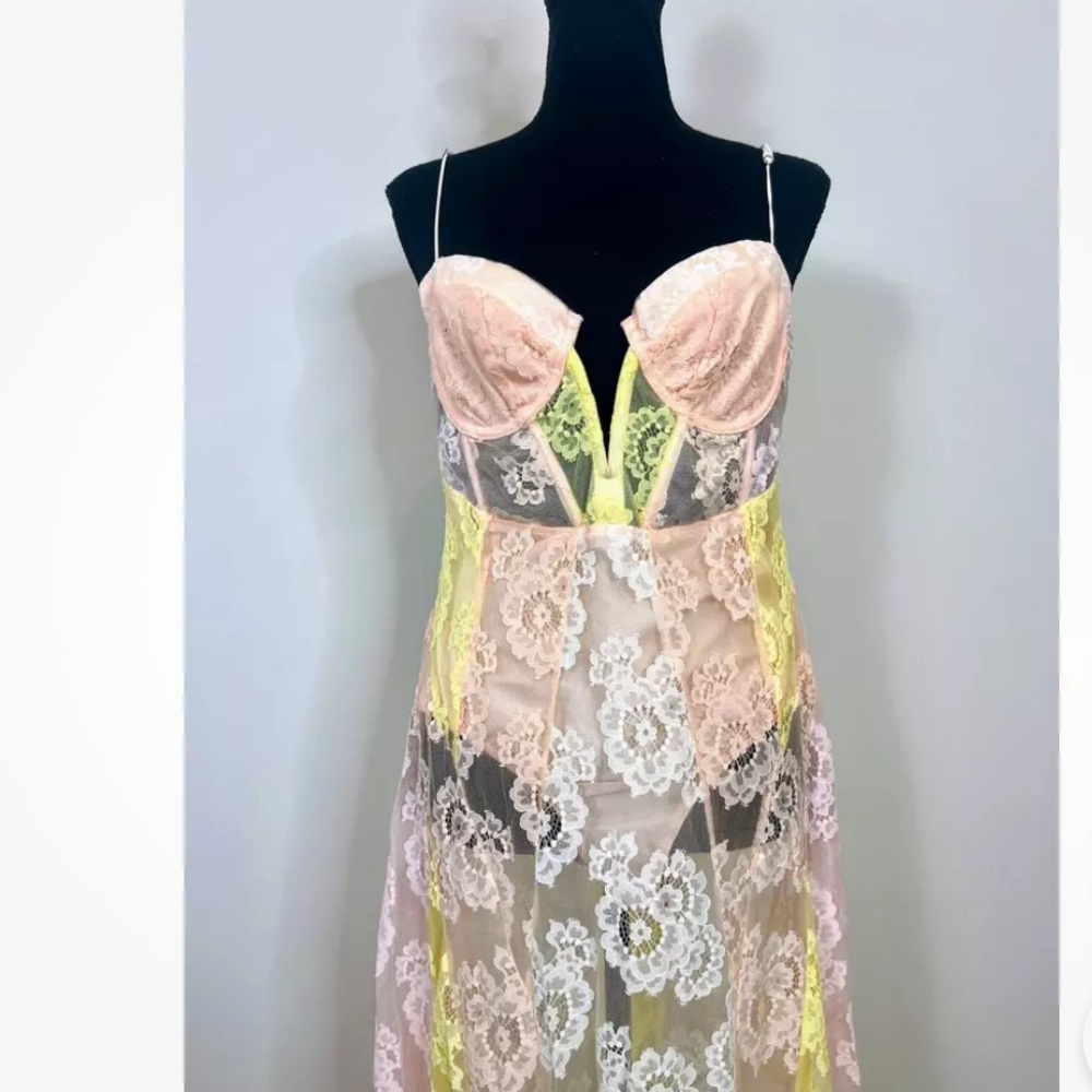 For Love & Lemons Sheer Lace Maxi Dress in Pink and Yellow - Picture 11 of 12